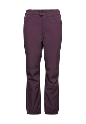 Pantaloni outdoor viola realizzati in un materiale resistente all'acqua, con chiusura a bottone, tasche laterali e un design a gamba affusolata per il comfort.