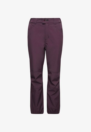 Lila Outdoor-Hosen aus wasserabweisendem Material, mit Knopfverschluss, seitlichen Taschen und einem taillierten Bein-Design für Komfort.