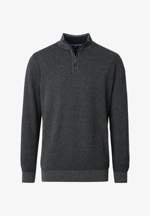 Dunkelgrauer Reißverschluss-Pullover mit strukturiertem Strickdesign, ausgestattet mit einem hohen Kragen und gerippten Bündchen und Saum. Der Reißverschluss ist schwarz.