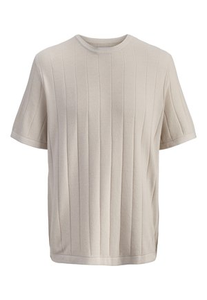 Maglione beige a maniche corte in maglia con texture a coste verticali e scollo tondo, mostrato su sfondo bianco uniforme.