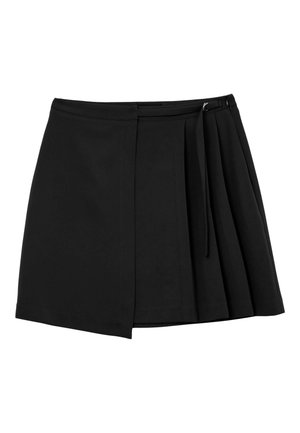 Gonna nera con pieghe, design dritto e dettaglio con fiocco laterale, realizzata in un tessuto liscio. Presenta una chiusura con zip nascosta.