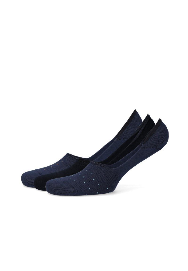 Trzy pary granatowych skarpetek o jednolitym wzorze oraz jedna para w małe niebieskie i pomarańczowe kropki. Wykonane z miękkiego materiału o niskim profilu.