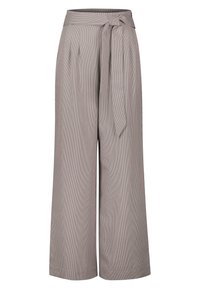 Pantalons larges gris clair avec un motif à carreaux, dotés d'une ceinture nouée à la taille, de plis et d'une texture de tissu lisse.