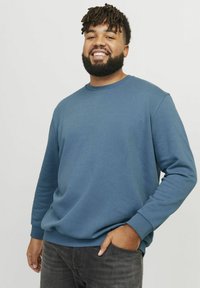 Blue crew neck sweatshirt made of soft fabric with long sleeves and ribbed cuffs, paired with dark jeans. Smooth texture, relaxed fit.