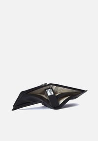 Black wallet with a zip closure, featuring a smooth exterior and a light-colored interior. Includes an RFID protection label inside.