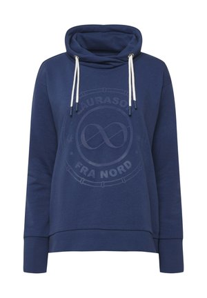 Mørkeblå hættetrøje med hvide snore, der har et fremtrædende, cirkulært logo-design på forsiden og ribbede manchetter.
