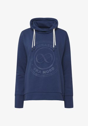 Mørkeblå hættetrøje med hvide snore, der har et fremtrædende, cirkulært logo-design på forsiden og ribbede manchetter.