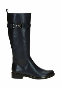 Botte noire en cuir, montant jusqu'au genou, avec une finition lisse, ornée d'une sangle décorative et de matériel métallique. Talon bas en bloc, bout rond.