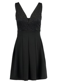 Svart klänning med spetsbygel och djup V-ringning, utsvängd plisserad kjol och dragkedja bak. Släthet i tygstrukturen genom hela klänningen.