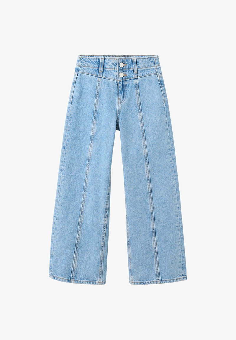 Jeans bleu clair à jambes larges avec taille haute, deux boutons devant et coutures verticales sur chaque jambe.