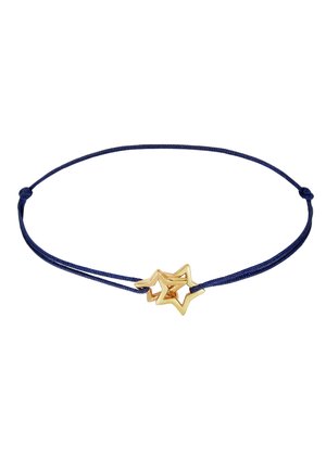Armband aus marineblauem Kordelmaterial mit zwei ineinander greifenden goldenen Sternanhängern. Glatte Textur mit glänzender Oberfläche auf den goldenen Akzenten.