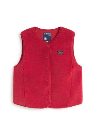Gilet di pile rosso con scollo rotondo, bottoni a pressione lungo il davanti e un'etichetta con il marchio sul petto. Tessuto morbido e textured.