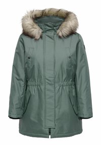 Zaļš, izolēts parkas žakets ar mākslīgās kažokādas kapuci, sānu kabatām, elastīgu jostasvietu un ar rāvējslēdzēju aizveramu priekšpusi. Gluda, ūdensnecaurlaidīga materiāla.