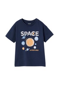 Navy blue cotton t-shirt featuring a space-themed graphic. Text reads "SPACE ADVENTURES" with planets and a sun illustration. Short sleeves.