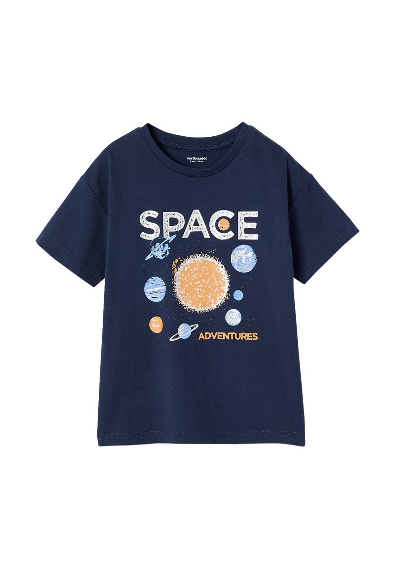 Navy blue cotton t-shirt featuring a space-themed graphic. Text reads "SPACE ADVENTURES" with planets and a sun illustration. Short sleeves.