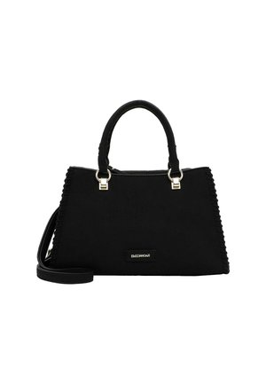 Black handbag made of fabric, featuring a structured design, dual handles, side stitching detail, and a detachable shoulder strap.