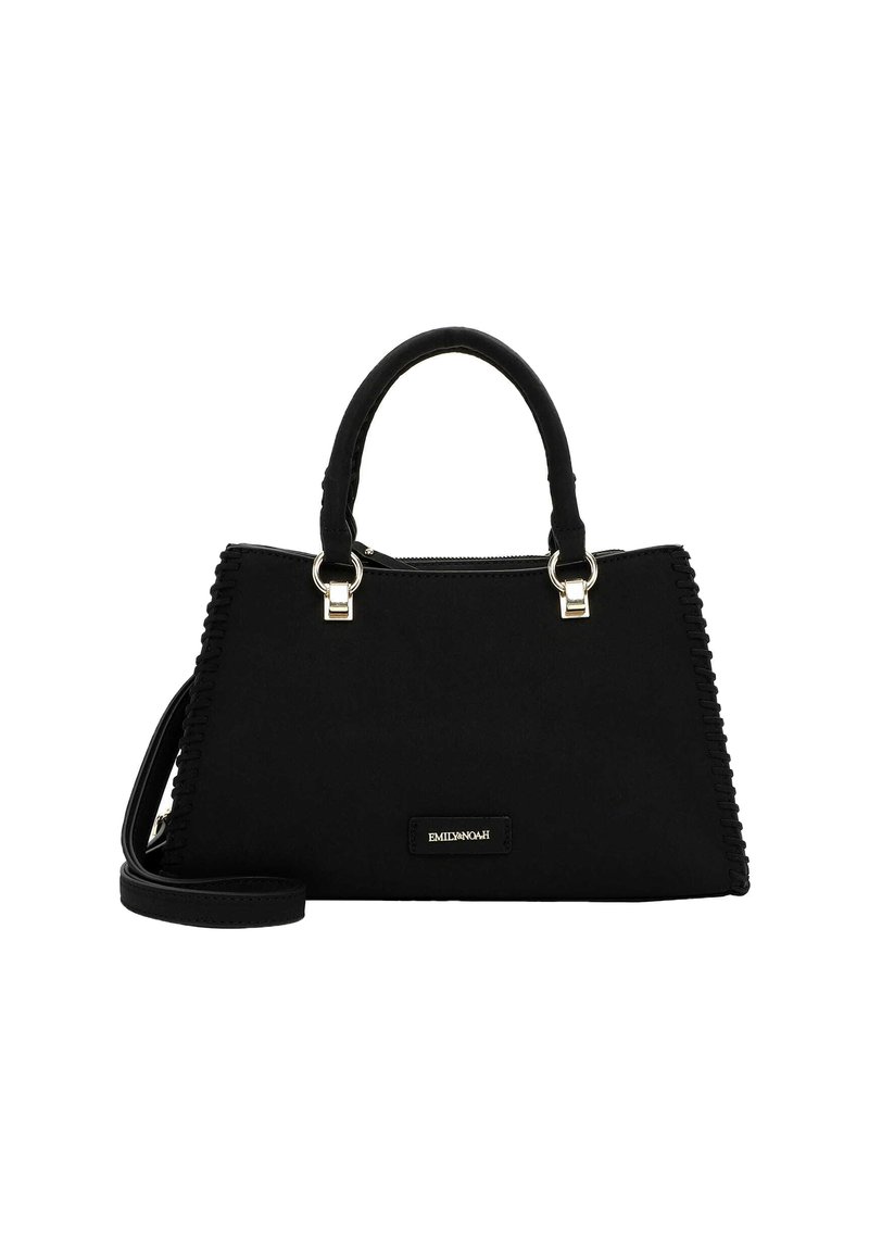 Black handbag made of fabric, featuring a structured design, dual handles, side stitching detail, and a detachable shoulder strap.