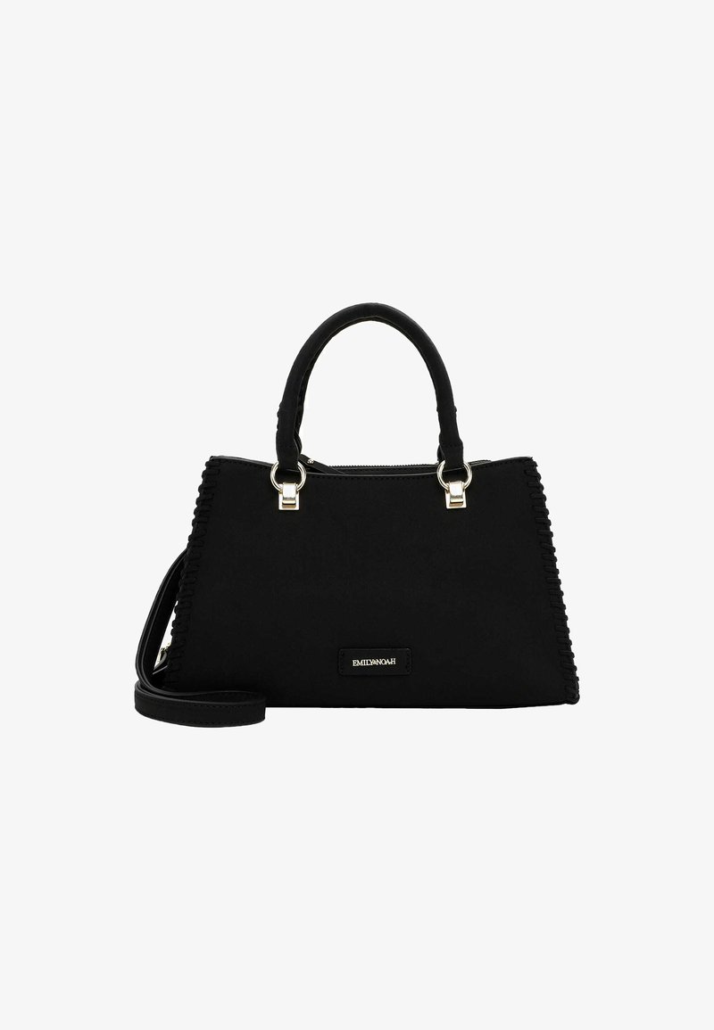 Black handbag made of fabric, featuring a structured design, dual handles, side stitching detail, and a detachable shoulder strap.