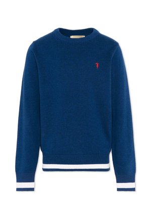 Maglione blu navy a maniche lunghe con strisce bianche su polsini e orlo, con piccolo logo rosso ricamato sul petto sinistro.