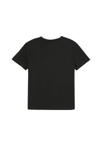 Zwarte kortekoope t-shirt van katoen, met een ronde hals en een gladde textuur, die een klassieke pasvorm zonder patronen toont.