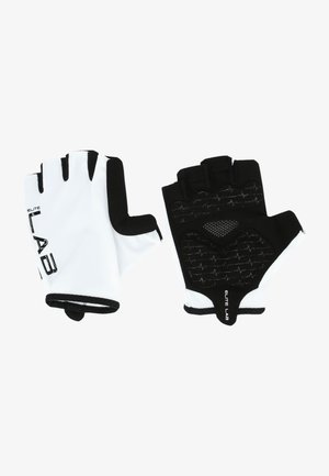 Kurze Fingerhandschuhe in Schwarz und Weiß. Hergestellt aus leichtem Material, mit einem strukturierten Griff auf der Handfläche und einem Mesh-Bereich für Atmungsaktivität.