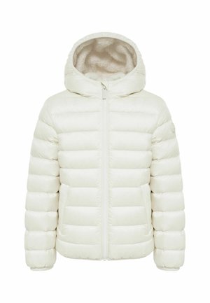 Veste matelassée couleur crème avec capuche doublée en polaire douce, fermeture zippée devant et design matelassé horizontal, présentée sur un fond blanc.