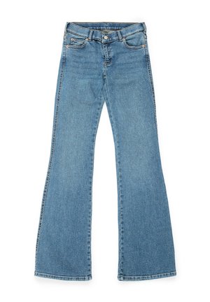 Jeans in denim a gamba larga in blu chiaro, con chiusura a bottone, design a cinque tasche e una trama liscia. Le gambe ampie si allargano dal ginocchio in giù.