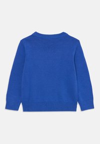 Helderblauwe gebreide trui met een geribde ronde halslijn en lange mouwen. Glad textuur met boorden en afwerking aan de onderkant.