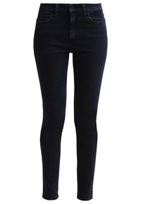Jeans ajustados de color azul oscuro con una cintura alta, que cuentan con bolsillos frontales y un diseño liso y elegante. Adecuados para uso casual o formal.
