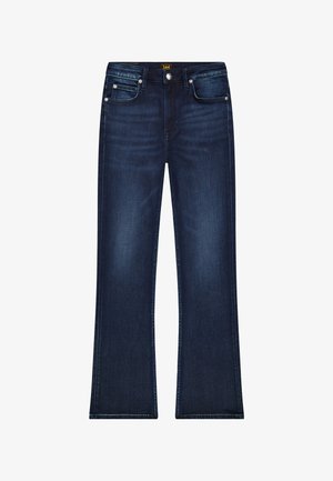 Dunkelblaue Jeans mit geradem Bein, Vordertaschen, Gürtelschlaufen und Knopfverschluss, mit "Lee" am Bund etikettiert.