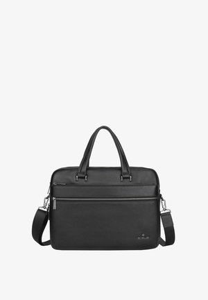 Zwarte leren aktetas met twee bovenhandvatten, een afneembare schouderriem en twee met rits afsluitbare vakken aan de voorkant voor opbergruimte.