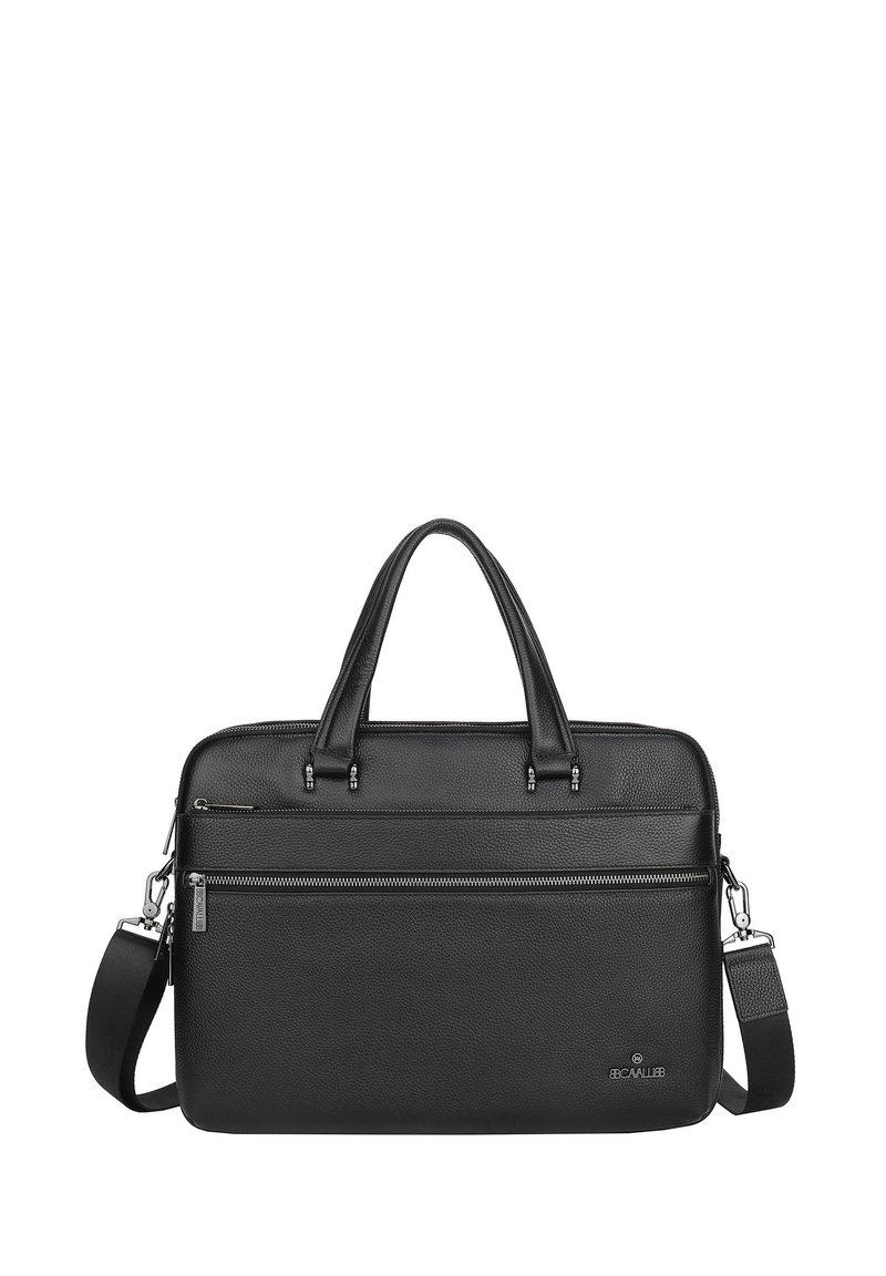 Zwarte leren aktetas met twee bovenhandvatten, een afneembare schouderriem en twee met rits afsluitbare vakken aan de voorkant voor opbergruimte.