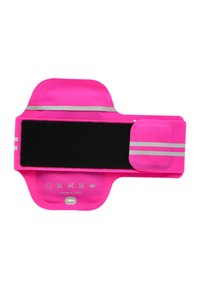 Pink smartphone armband made of silicone with a black velcro strap, featuring two reflective stripes and various symbols printed on the surface.