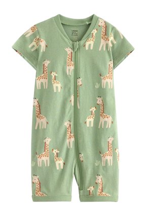 Vihreä lyhythihainen vauvan haalari, jossa on edessä vetoketju ja kuviollisena vaaleanruskeita ja kermanvärisiä kirahveja eri asennoissa.