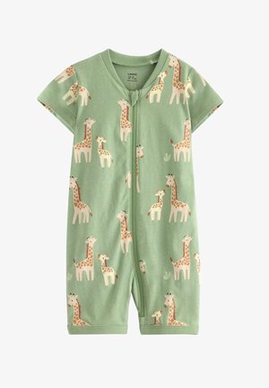 Grøn kortærmet babydragt med lynlås foran, med et mønster af lysebrune og cremefarvede giraffer i forskellige positioner.