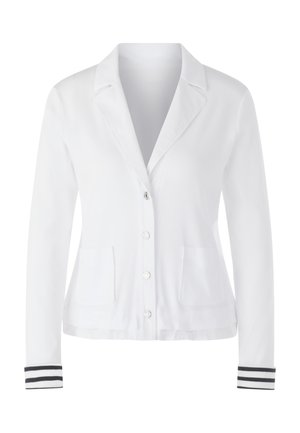 Weißer Blazer mit langen Ärmeln und Reverskragen, vier vorderen Knöpfen, zwei vorderen Taschen und schwarz gestreiften Ärmelbündchen.