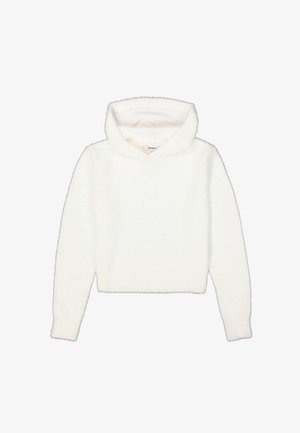 Weißer, flauschiger Pullover-Hoodie mit weitem Ausschnitt, langen Ärmeln sowie gerippten Bündchen und Saum. Weicher Stoff und verkürztes Design.