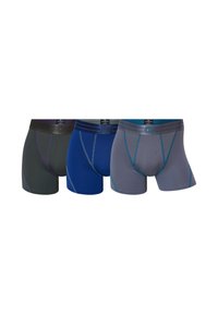 Three pairs of men's boxer briefs in dark gray, blue, and light gray, featuring thin elastic waistbands with "CR7" branding and contrasting seams.