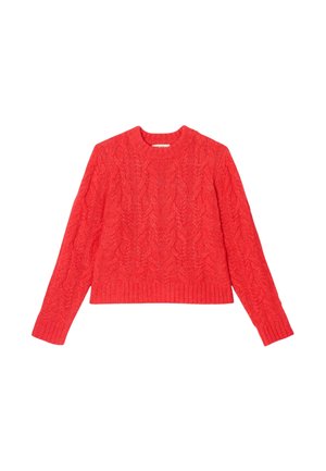 Pull en laine rouge tricoté présentant un motif en torsades, un col rond et des poignets et ourlet côtelés. Design court avec des manches longues.