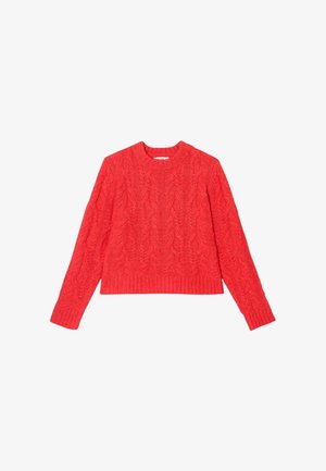 Pull en laine rouge tricoté présentant un motif en torsades, un col rond et des poignets et ourlet côtelés. Design court avec des manches longues.