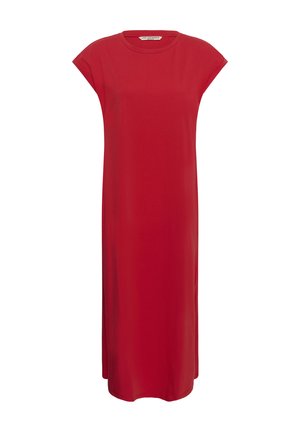 Piros, ujjatlan midi ruha kerek nyakkivágással és egyenes szabással, sima anyagból, fehér háttéren bemutatva.