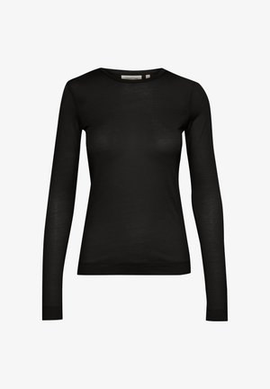 Black long-sleeve top made of thin, smooth fabric with a crew neckline and fitted design, featuring no visible hardware or patterns.