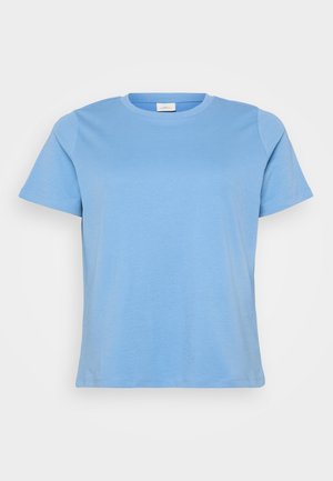 Hellblaues T-Shirt mit kurzen Ärmeln aus glattem Baumwollstoff, mit einem klassischen Rundhalsausschnitt und einer lockeren Passform.