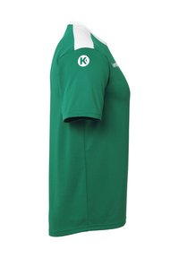 Green sports jersey with white accents on the shoulders, short sleeves, made of breathable fabric, featuring a round neck and logo on the shoulder.