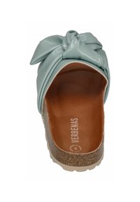 Light green leather sandal with a knotted bow detail, cork sole, and brown insole featuring "VERBENAS" branding.