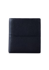 Black textured leather bifold wallet closed, square edges, visible stitching, isolated on white background.