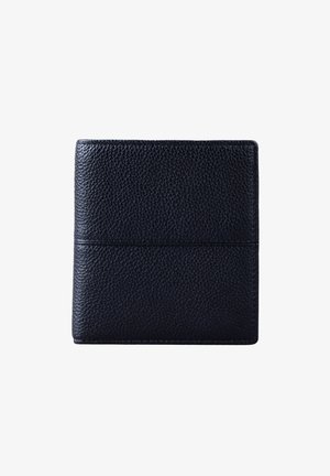 Black textured leather bifold wallet closed, square edges, visible stitching, isolated on white background.