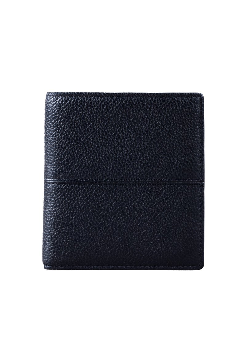 Black textured leather bifold wallet closed, square edges, visible stitching, isolated on white background.