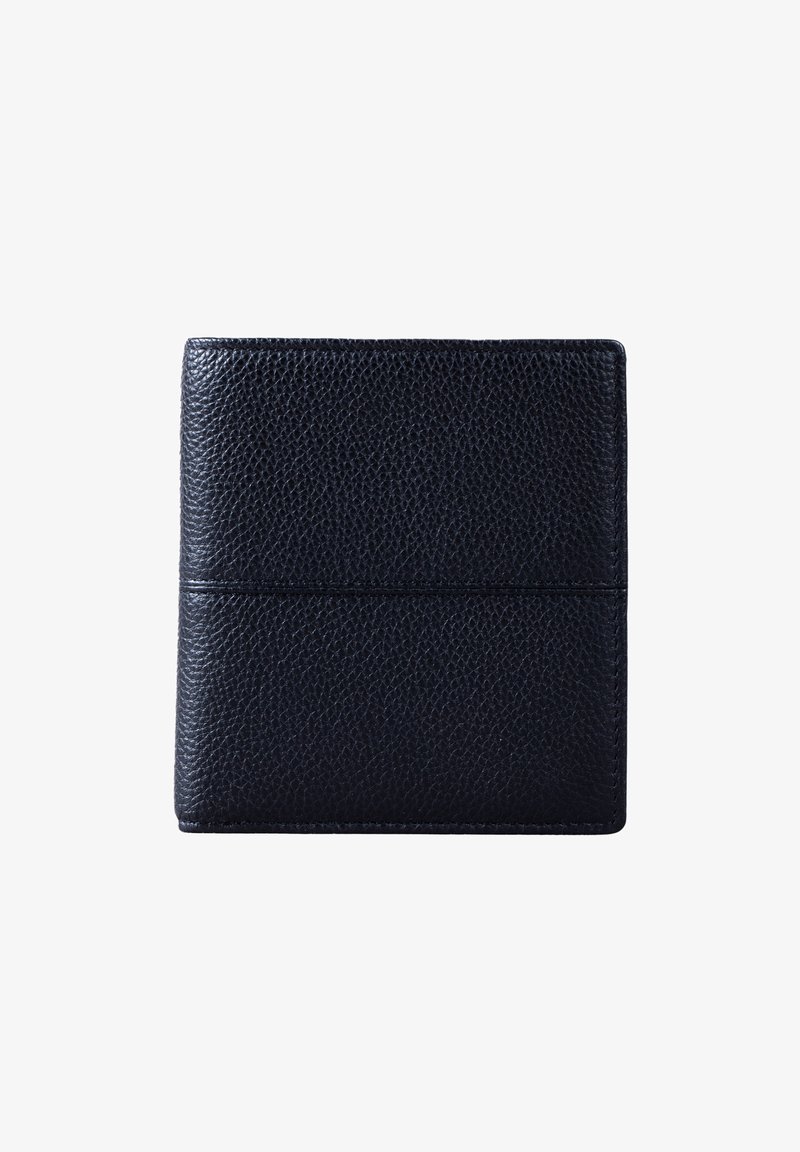 Black textured leather bifold wallet closed, square edges, visible stitching, isolated on white background.