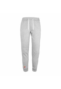 Graue Baumwoll-Jogginghose mit elastischem Bund, weißem Kordelzug, gerippten Bündchen und kleinem roten Logo am linken Bein.
